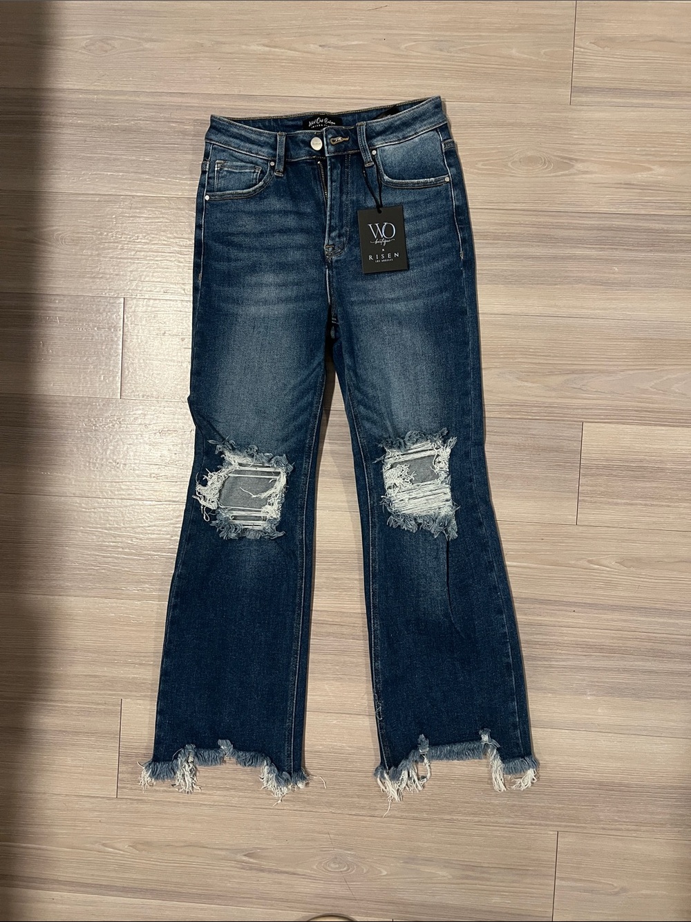 Dark Blue Distressed Flare Jeans